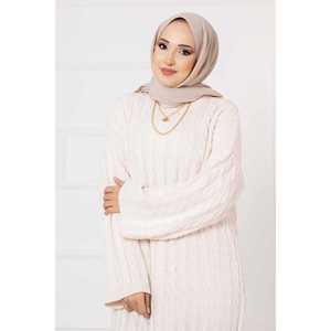 Robe longue décontractée d'été en tricot tressé écru, coupe crayon droite, technique crochetée, style soirée sexy, motif rayé, ODM - Product Image 2