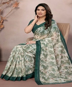 Sari en soie satinée imprimé FANCY MOSS avec blouse non cousue, tenue de fête festive, prix de gros, vêtement ethnique, vert - Product Image 2