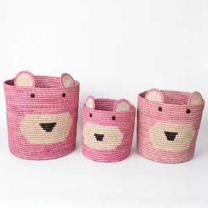 Bear Ear Raffia Rope Foldable Storage Basket with Circle Shape Handle for Home <b>Decor</b> Organization <b>Nursery</b> Toy Clothes & Laundry - Product Image 3