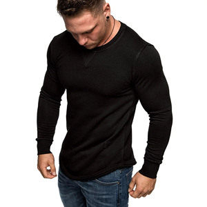 Wholesale Men's Slim Fit Long Sleeve Knitted T-Shirt Olive Green O-Neck Casual Solid Color Full Length Stretchy Fabric - Product Image 5