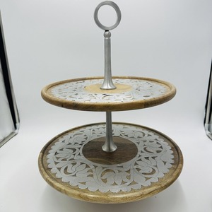 Luxury 2 Tier Wood Cake Stand With Ornate Metal Inlay Round Wooden <b>Cupcake</b> Tower With <b>Top</b> Handle for Gulf Wedding & Party Events - Product Image 1