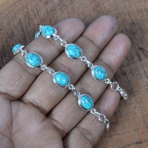 Bracelet personnalisé en argent sterling 925 plaqué rhodium, pierre précieuse turquoise bleue naturelle, fait à la main, bijoux fins de créateur - Product Image 1