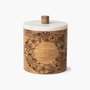 Wooden Storage Jar with Chrysanthemum Flower Carving and Marble Lid Handcrafted Acacia Wood Floral Decor - Product Image 3