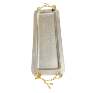 Plateau rectangulaire en acier inoxydable martelé à la main, plumes en laiton, poignée, plateau de service au design classique personnalisable pour la restauration - Product Image 4