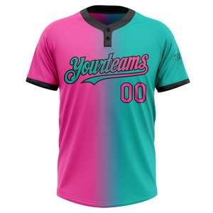 Maillot de Softball Sublimé à Deux Boutons Unisexe sur Mesure Fabriqué en Usine Chemise de Nom et Numéro de l'Équipe Brodée en Dégradé Rose Néon Aqua - Product Image 2