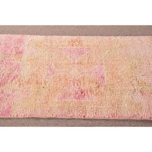 Turkish Vintage Herki Rug 2.5x9.8 ft Patchwork Design <b>Wool</b> Latex Backing Eco-Friendly Pink & <b>Yellow</b> Borders - Product Image 4