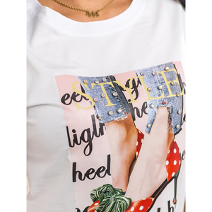 T-shirt imprimé blanc pour femme Bolf 95T2506, coupe ajustée, crop top avec col à nœud, en jersey de coton respirant et maille décorative, pour jeunes femmes - Product Image 4
