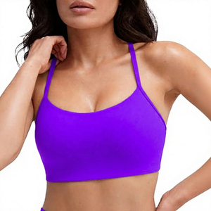 ROLEIN Women's Green Seamless Yoga Sports Bra Crew <b>Neck</b> <b>Light</b> Support Solid Color 100% Nylon Breathable Crisscross Straps Lace - Product Image 3