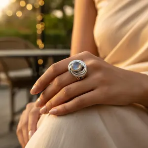 Bague ethnique en argent 925 avec pierre précieuse sertie dans un cadre en laiton, pierre de lune, bijoux de déclaration pour femmes, livrée dans une boîte - Product Image 3