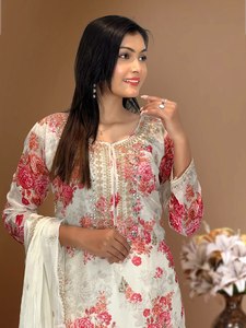 Robe Salwar Kameez Dupatta élégante pour femme en soie pure Banarasi, viscose et rayonne, style décontracté spécial afghan de Dubaï - Product Image 3