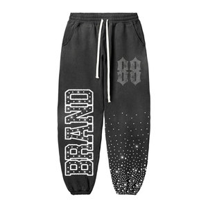 Street Style Sun Faded New Arrival Men Sweatsuit Baggy Look Rhinestone Acid Wash 2 Piece Hooded & Stacked Pant Set - Product Image 5