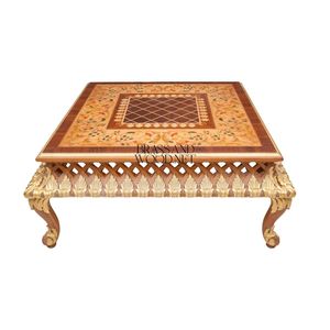 Table basse carrée avec incrustation florale complexe et base en bois sculpté pour une décoration intérieure élégante et intemporelle - Product Image 1