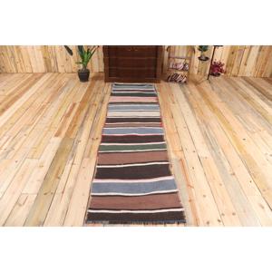 Turkish Vintage <b>Rug</b>, 2.4x8.7 ft Kilim <b>Rug</b>, Brown <b>Runner</b> Check <b>Rug</b> - Product Image 1