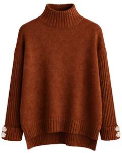 Ensemble pull en tricot marron rouillé et pantalon large pour femme, pull à col montant, vêtements de détente confortables pour l'hiver, fabricant personnalisé OEM - Product Image 1