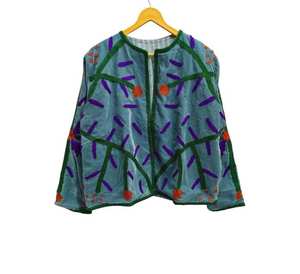 Veste courte décontractée douce en velours brodé Suzani pour femme, respirante, artisanale, en coton, design élégant - Product Image 3