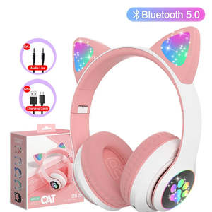 Casque audio intelligent Bluetooth 5.0 avec oreilles de chat mignonnes, lampe clignotante et microphone, prend en charge la carte TF - Casque à oreilles de chat - Product Image 1