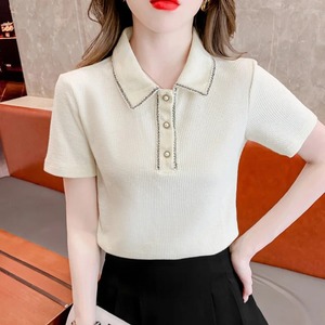 Ropa de manga corta para mujer, camiseta de verano, Polo transpirable, nuevo cuello vuelto, hermoso botón, Patchwork, Tops cortos de moda - Product Image 6