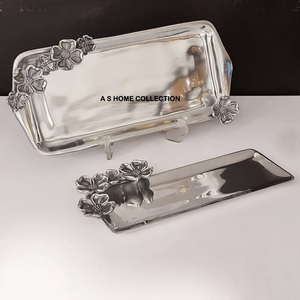 Plateau à vaisselle à poignée en forme de feuille d'or Plateau de service en acier inoxydable décoratif en métal fantaisie rectangulaire avec miroir - Product Image 4