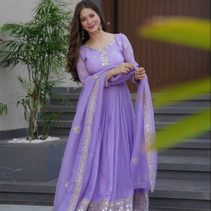 Party Wear Designer Anarkali Gown and Dupatta with Faux <b>Fur</b> Ankle-Length All Seasons - Product Image 1