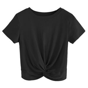 Nueva llegada personalizado Logo impreso cuello redondo mujeres Crop Top camisetas de alta calidad Color sólido Crop Top camiseta para mujer - Product Image 3