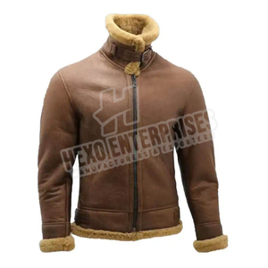 Chaqueta de cuero de piel de oveja para hombre con cuello de piel cinturón ajustable cremallera resistente chaquetas clásicas de bombardero para hombre invierno cálido - Product Image 1