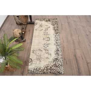 Turkish <b>Wool</b> Small Rug 2x5 ft (62x151 Cm) Vintage <b>Brown</b> Moroccan Patchwork Rug with Latex Backing - Product Image 1