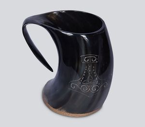 Handcrafted Natural Polished Ox Horn Drinking Vessel <b>Tankard</b> With Brown Leather Lace Up Strap Medieval Viking Style Barware - Product Image 5
