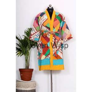 Veste d'hiver matelassée Kantha en pur coton pour femmes indiennes manteau court Kimono avec Type de traitement long Style ouvert vêtements d'hiver chauds - Product Image 1