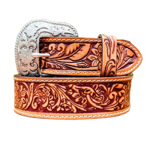 Cinturón de Cuero Genuino Occidental Unisex Hecho a Mano con Estampado Floral por Transferencia Térmica, Personalizado, Vintage, de Piel de Vaca Color Bronceado, de 1-1.5 Pulgadas de Ancho - Product Image 1