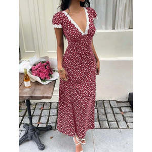 Robe longue Supreme à manches courtes et col en V profond pour femme avec détails en dentelle et motif floral, 36281 - Rouge - Product Image 6