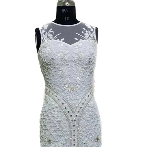 Hot Luxury Hand Embroidery White Sleeveless Sequins and Beads Floral pattern with Train Wedding Gown