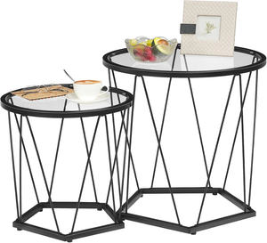 Lot de 2 petites tables basses rondes avec cadre en métal, dessus en verre, table d'appoint noire pour salon, chambre à coucher - Product Image 1
