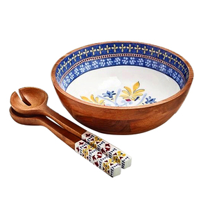 Bol en bois imprimé feuille numérique avec cuillères excellente qualité nouveau design bol de service à soupe décor de table d'événement fait à la main - Product Image 2