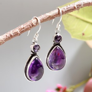 925 Sterling <b>Silver</b> Plated Bohemian Style <b>Earrings</b> Fashionable Purple Amethyst Gemstone Natural Quartz Bezel for Anniversary - Product Image 2