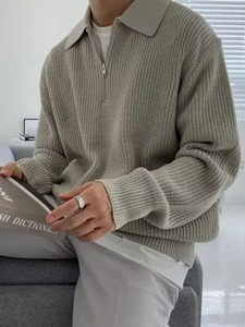 Pull-over à col ras du cou 100% coton pour hommes, pull-over décontracté de couleur unie, demi-tricots pour la saison automne-hiver - Product Image 6