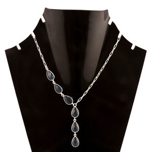Popular chicas moda 8x12mm pera facetado Londres azul cuarzo plateado ajustable Paperclip cadena colgante collar joyería - Product Image 3
