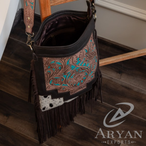 Nueva llegada occidental real hecho a mano pelo en piel Tooled cuero flecos Sling Bag mujeres elegantes ocultas llevar Casual bandolera - Product Image 6