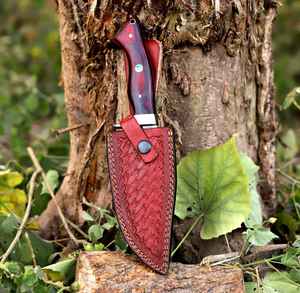 Couteaux de chasse en acier Damas en gros, couteaux à lame fixe pour le camping et le bushcraft avec étui en cuir fin, couteaux en acier personnalisés - Product Image 6