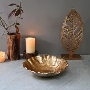 TW, nuevo diseño, cuenco/plato poco profundo en forma de hoja de oro con diseño de hoja de vena, mesa de aluminio plisado dorado - Product Image 3