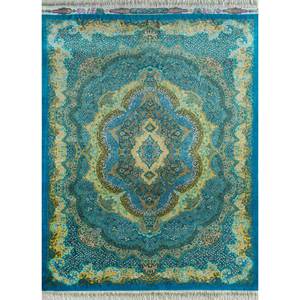 Tapis en soie noué à la main Gulmarg, motif bleu médaillon, pour la maison, rectangulaire 9x12 pouces, design patchwork pour la décoration du salon - Product Image 1