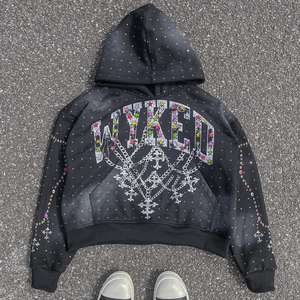 Ensemble sweat à capuche et pantalon de survêtement 100 % coton, style streetwear personnalisé, délavé à l'acide, orné de strass et brodé, avec fermeture éclair - Product Image 5