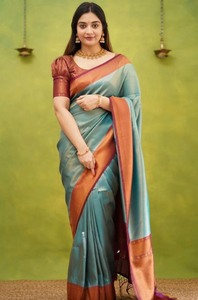 BANARASI DE MODA SUAVE SEDA TEJIDO TRABAJO SAREE CON BLUSA SIN COSTAR DESPIECE PRECIO AL POR MAYOR ROPA ÉTNICA SKY - Product Image 3