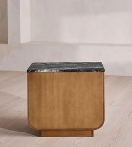 Table de chevet vintage personnalisée en placage de bois de burl avec plateau en marbre, 2 tiroirs, cadre en bois massif courbé pour chambre principale - Product Image 4