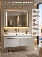 Rak Dinding Kamar Mandi Modern dengan Kabinet Kayu Solid, Wastafel Keramik, Cermin Pintar 800/900/1000mm Siap Kirim