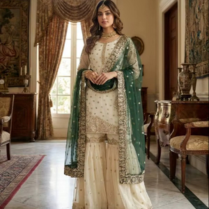Conjunto de 3 Piezas para Mujer, Color Verde, Hermoso Diseño Tradicional Pakistaní Indio, Salwar Kameez, Sin Arrugas, Protección Solar, Rápido - Product Image 1