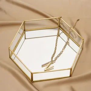 Hexagon Shape Metal & Glass Service Tray Mirror Perfume Jewelry Storage Tray Display Case With Mirror Base Gold Finished