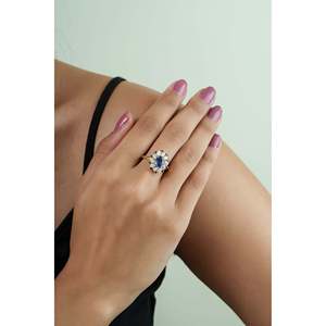 Bague classique pour femme en or massif 14 carats avec saphir en grappe, diamant taille brillant en forme de poire, motif floral, sertissage à griffes en or poli - Product Image 6