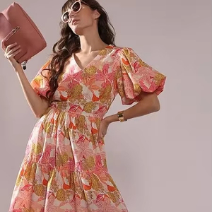 Indian Hand <b>Block</b> Cotton Sweet Midi Summer Dress Floral <b>Print</b> Wedding Gift Bride Personalized Natural Waistline Woven Sale! - Product Image 1