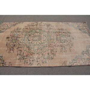 พรมตุรกีวินเทจ4.2x8ฟุตสีเบจสีเขียวทำด้วยมือสไตล์โบฮีเมียนผ้าขนสัตว์ด้านหลังสำหรับทางเดินข้างเตียงสี่เหลี่ยม - Product Image 3