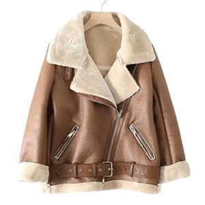 Customize Genuine Leather Motorcycle <b>Jacket</b> <b>Women</b> Winter Coat with Canvas Breathable Real Sheepskin Fur - Product Image 2